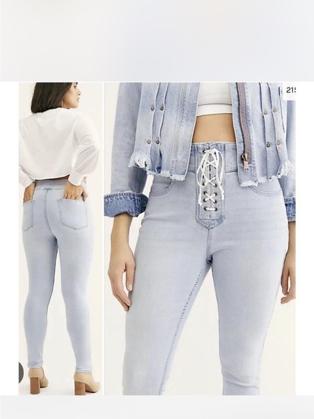 Free People CRVY High Rise Lace Up Skinny Jeans Light Blue
